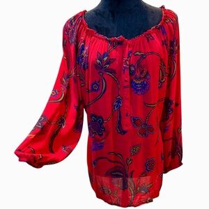 Lucky Brand Shirt Women’s Top Red Floral Peasant Blouse Londynn XL Extra Large